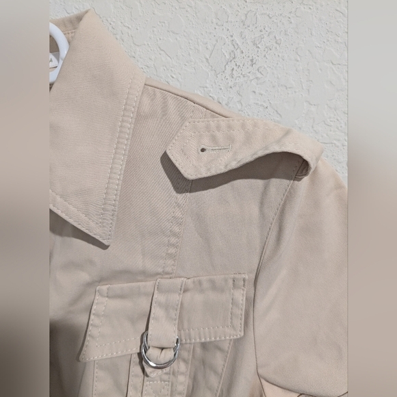 Escada Cream Fitted Belted Short Sleeve Button-Up Midi Shirt Dress Utility - Picture 7 of 11